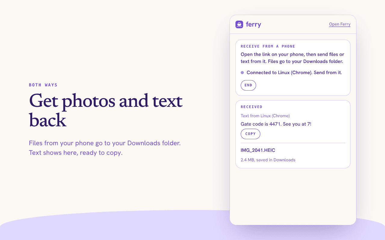 The Ferry popup showing text and a photo received from a phone