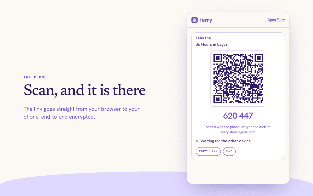 The Ferry popup showing a QR code and a 6-digit code for the phone